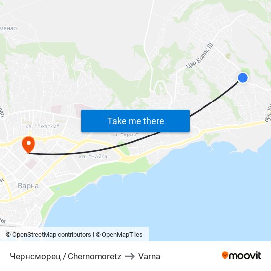 Черноморец / Chernomoretz to Varna map