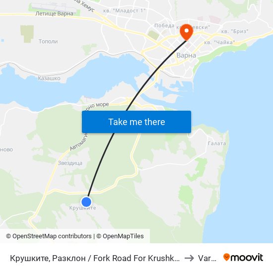 Крушките, Разклон / Fork Road For Krushkite to Varna map