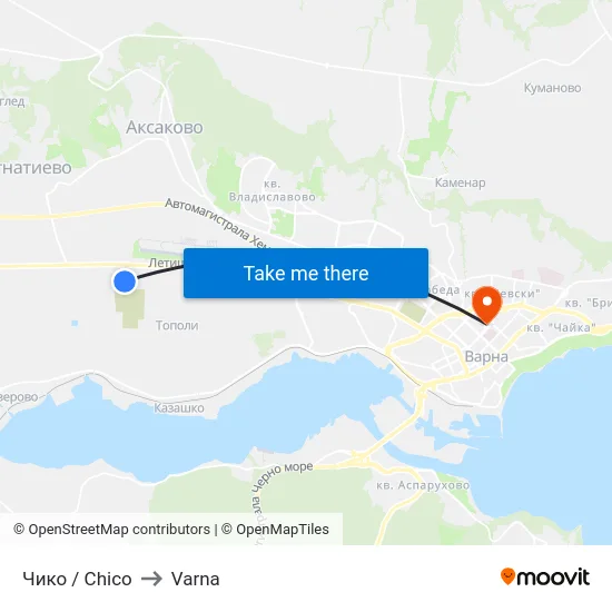Чико / Chico to Varna map