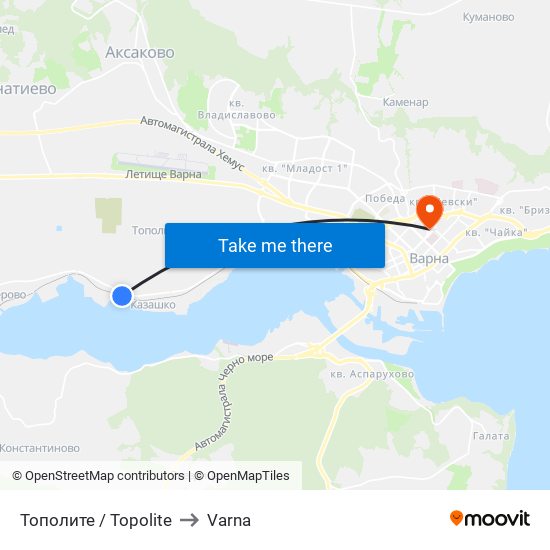 Тополите / Topolite to Varna map