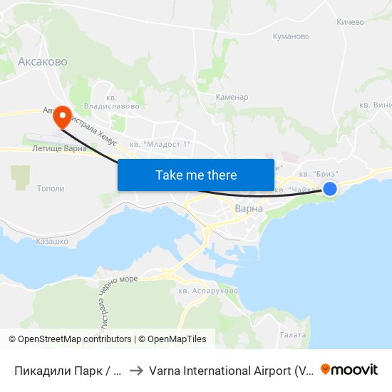 Пикадили Парк / Piccadilly Park to Varna International Airport (VAR) (Летище Варна) map