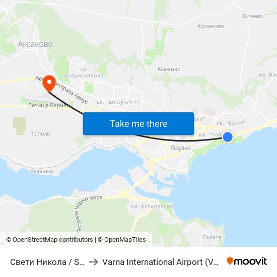 Свети Никола / Saint Nicholas to Varna International Airport (VAR) (Летище Варна) map