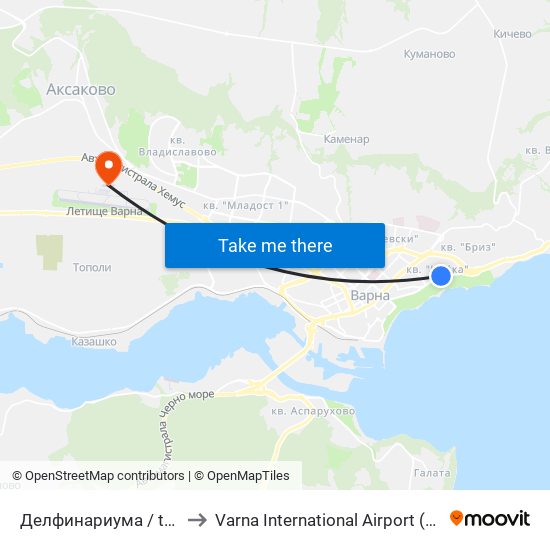 Делфинариума / the Dolphinarium to Varna International Airport (VAR) (Летище Варна) map