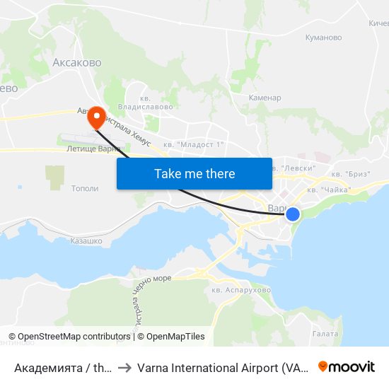 Академията / the Academy to Varna International Airport (VAR) (Летище Варна) map