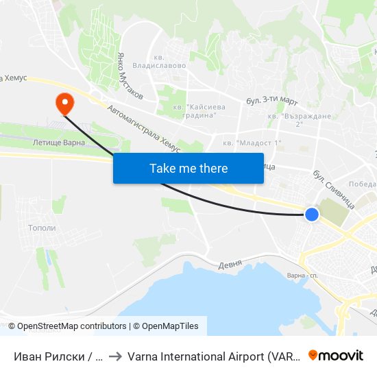 Иван Рилски / Ivan Rilski to Varna International Airport (VAR) (Летище Варна) map