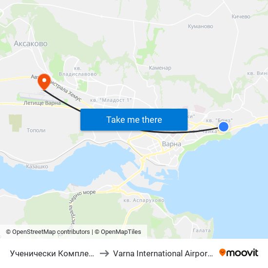 Ученически Комплекс / School Complex to Varna International Airport (VAR) (Летище Варна) map