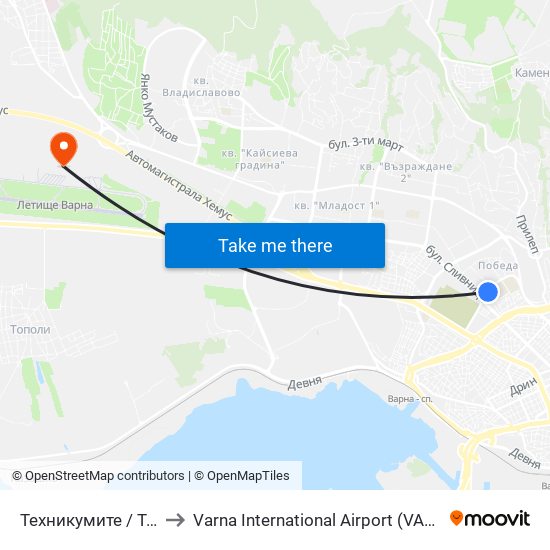 Техникумите / Tehnikumite to Varna International Airport (VAR) (Летище Варна) map