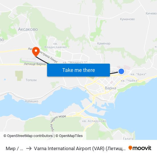 Мир / Mir to Varna International Airport (VAR) (Летище Варна) map