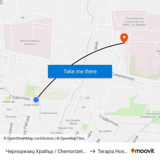 Черноризец Храбър / Chernorizets Hrabar to Terapia Hospital map