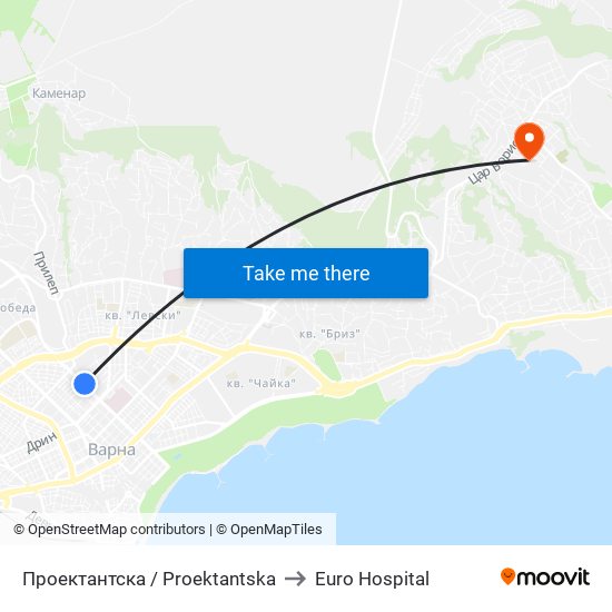 Проектантска / Proektantska to Euro Hospital map