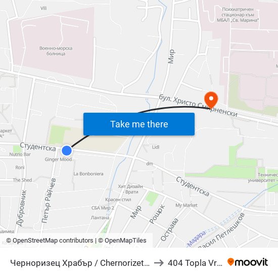 Черноризец Храбър / Chernorizets Hrabar to 404 Topla Vryzka map