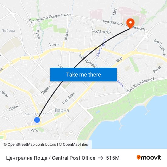 Централна Поща / Central Post Office to 515M map