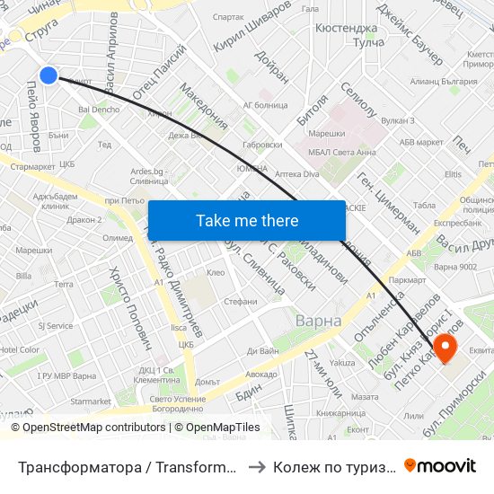 Трансформатора / Transformatora to Колеж по туризъм map