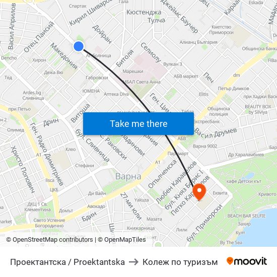 Проектантска / Proektantska to Колеж по туризъм map