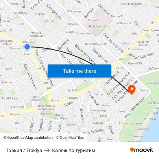 Тракия / Trakiya to Колеж по туризъм map