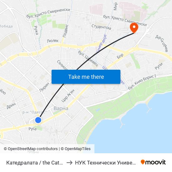 Катедралата / the Cathedral to НУК Технически Университет map