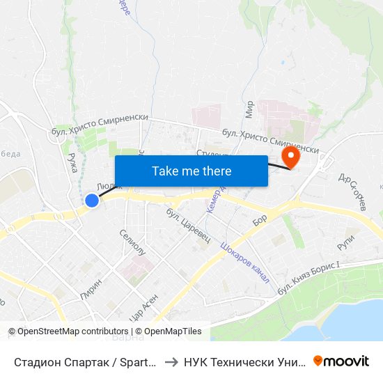 Стадион Спартак / Spartak Stadium to НУК Технически Университет map