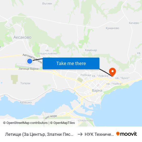 Летище  (За Център, Златни Пясъци) / Airport  (For Center, Golden Sands) to НУК Технически Университет map