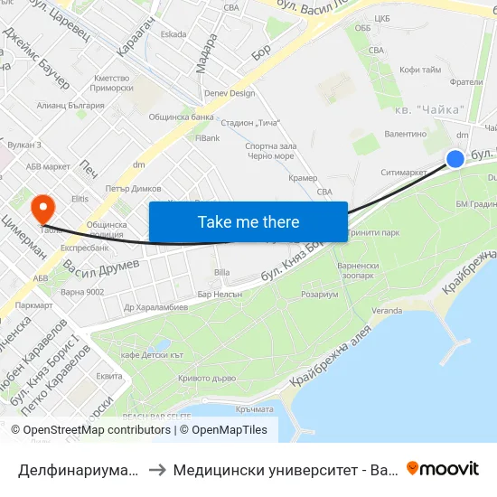 Делфинариума / the Dolphinarium to Медицински университет - Варна (Medical University of Varna) map