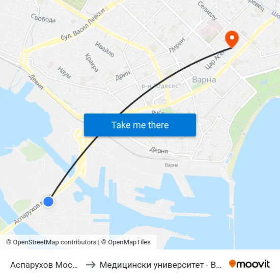 Аспарухов Мост / Asparuhov Bridge to Медицински университет - Варна (Medical University of Varna) map