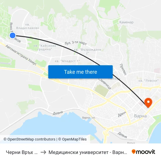 Черни Връх / Cherni Vrah to Медицински университет - Варна (Medical University of Varna) map
