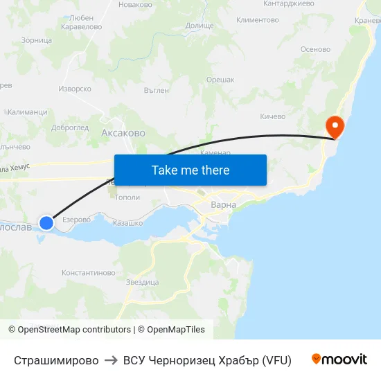 Страшимирово to ВСУ Черноризец Храбър (VFU) map