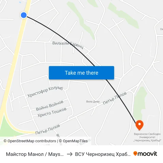 Майстор Манол / Maystor Manol to ВСУ Черноризец Храбър (VFU) map