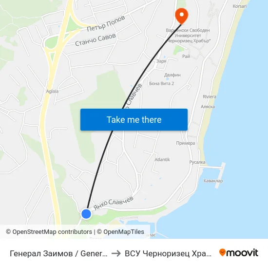 Генерал Заимов / General Zaimov to ВСУ Черноризец Храбър (VFU) map