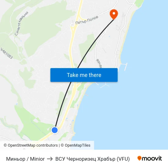 Миньор / Minior to ВСУ Черноризец Храбър (VFU) map