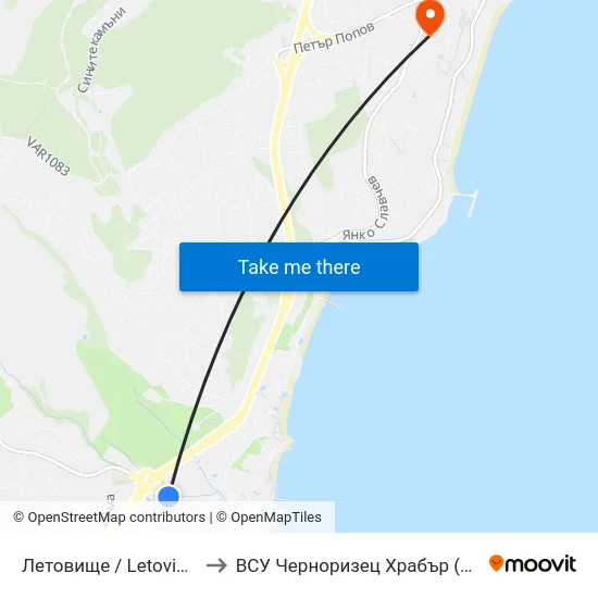 Летовище / Letovishte to ВСУ Черноризец Храбър (VFU) map