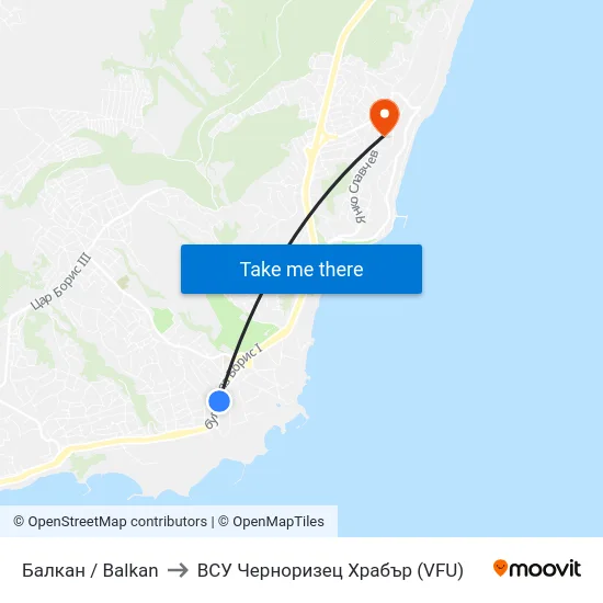 Балкан / Balkan to ВСУ Черноризец Храбър (VFU) map