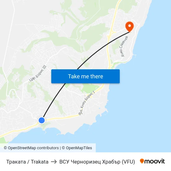 Траката / Trakata to ВСУ Черноризец Храбър (VFU) map