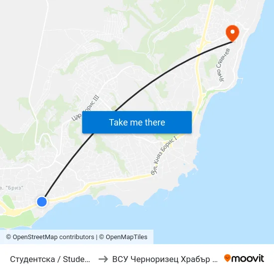Студентска / Studentska to ВСУ Черноризец Храбър (VFU) map