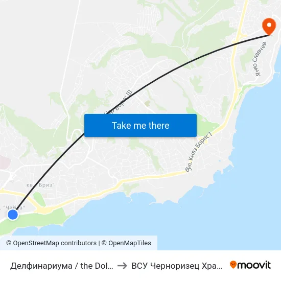 Делфинариума / the Dolphinarium to ВСУ Черноризец Храбър (VFU) map