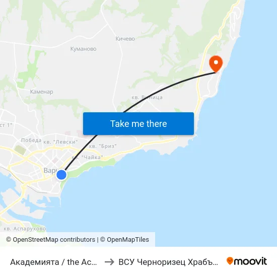Академията / the Academy to ВСУ Черноризец Храбър (VFU) map