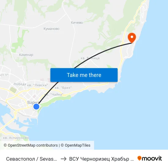 Севастопол / Sevastopol to ВСУ Черноризец Храбър (VFU) map