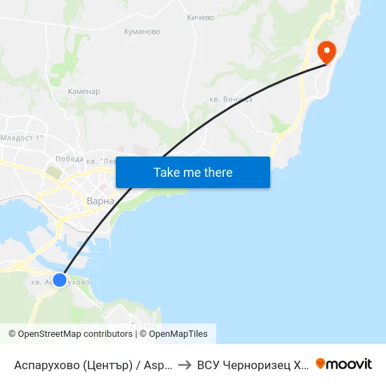 Аспарухово (Център) / Asparuhovo (Center) to ВСУ Черноризец Храбър (VFU) map