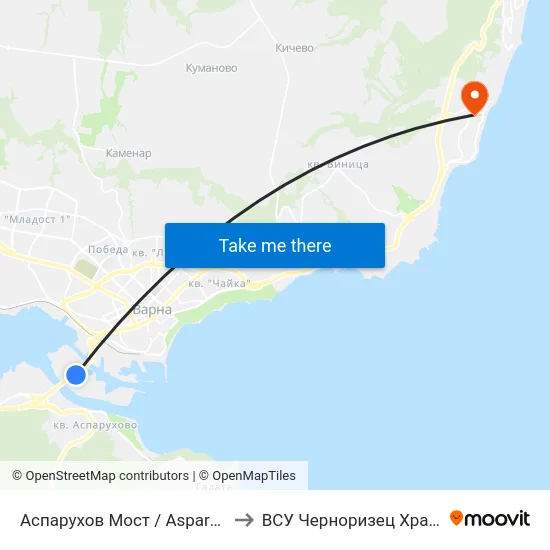 Аспарухов Мост / Asparuhov Bridge to ВСУ Черноризец Храбър (VFU) map