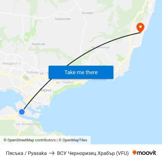 Пясъка / Pyasaka to ВСУ Черноризец Храбър (VFU) map