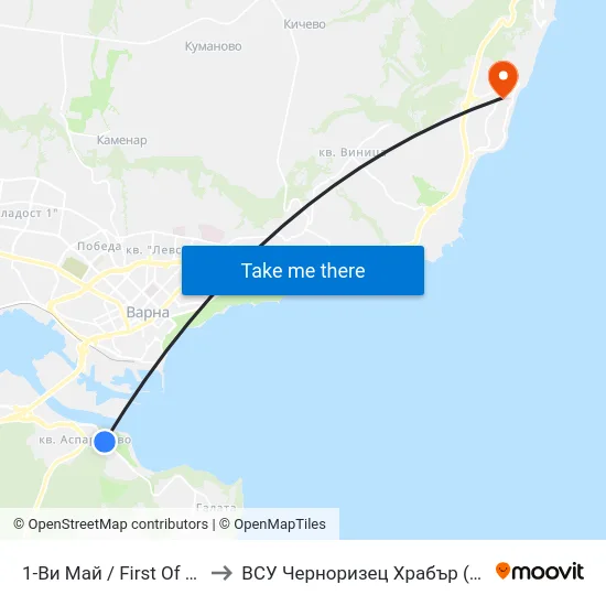 1-Ви Май / First Of May to ВСУ Черноризец Храбър (VFU) map