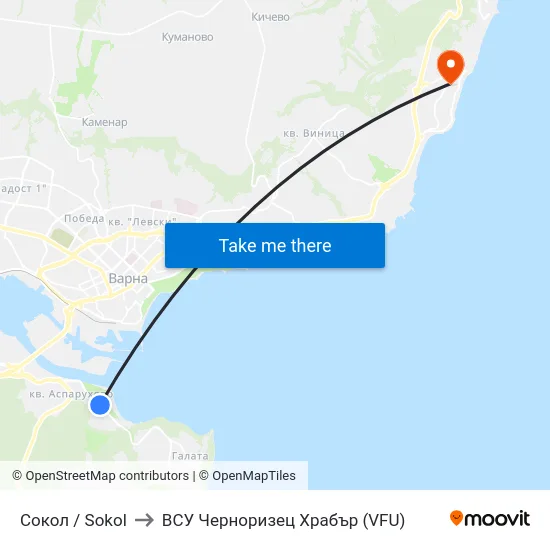 Сокол / Sokol to ВСУ Черноризец Храбър (VFU) map