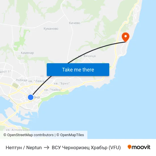 Нептун / Neptun to ВСУ Черноризец Храбър (VFU) map