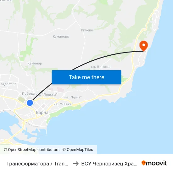 Трансформатора / Transformatora to ВСУ Черноризец Храбър (VFU) map