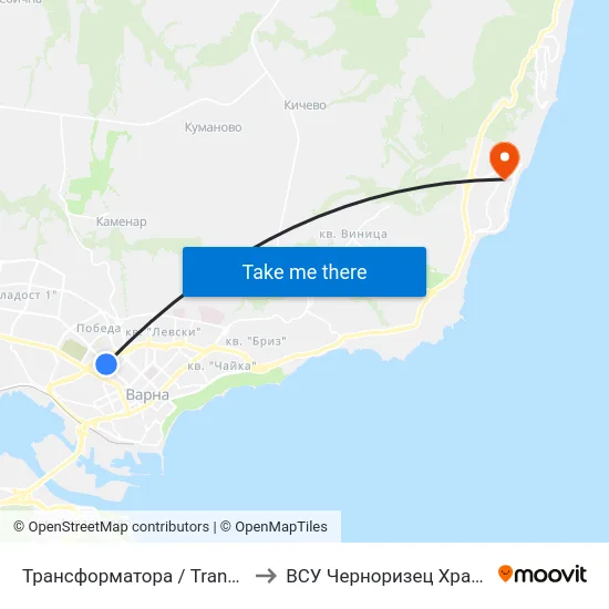 Трансформатора / Transformatora to ВСУ Черноризец Храбър (VFU) map