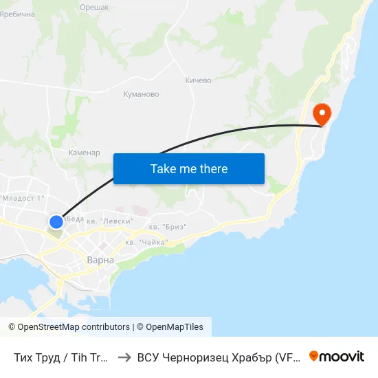 Тих Труд /  Tih Trud to ВСУ Черноризец Храбър (VFU) map