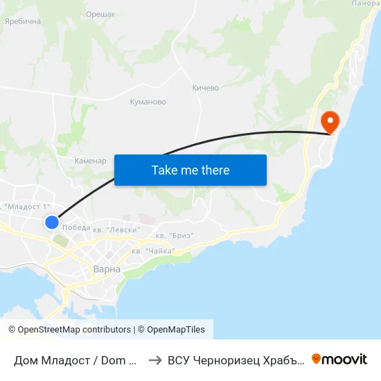 Дом Младост / Dom Mladost to ВСУ Черноризец Храбър (VFU) map