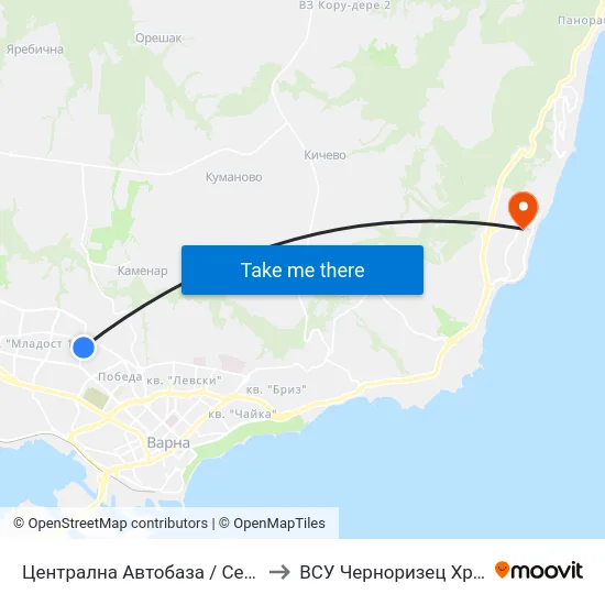 Централна Автобаза / Central Autobase to ВСУ Черноризец Храбър (VFU) map