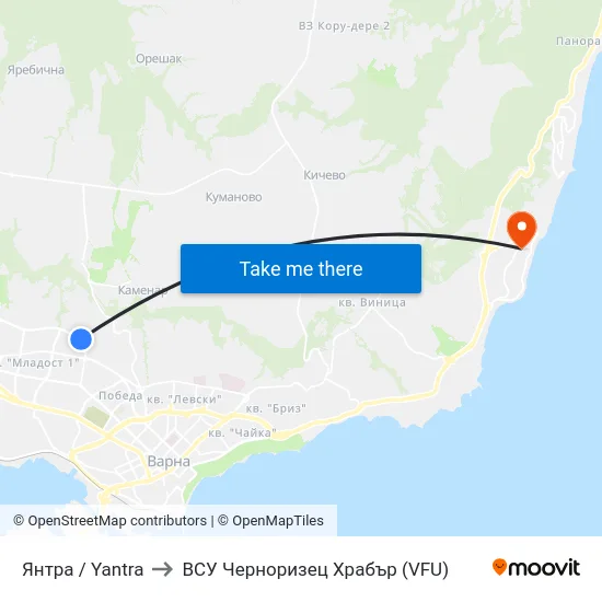 Янтра / Yantra to ВСУ Черноризец Храбър (VFU) map