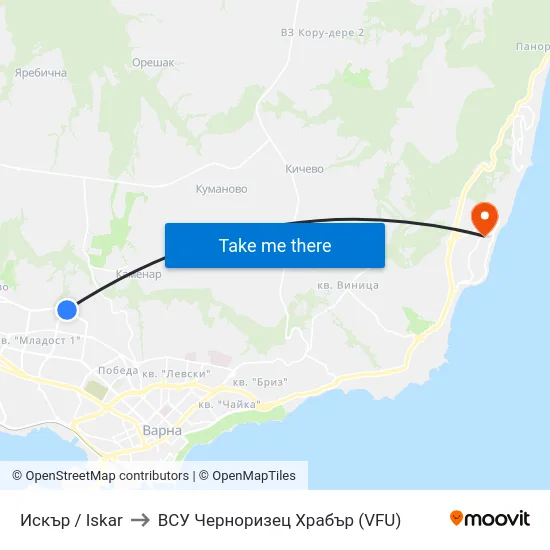 Искър / Iskar to ВСУ Черноризец Храбър (VFU) map