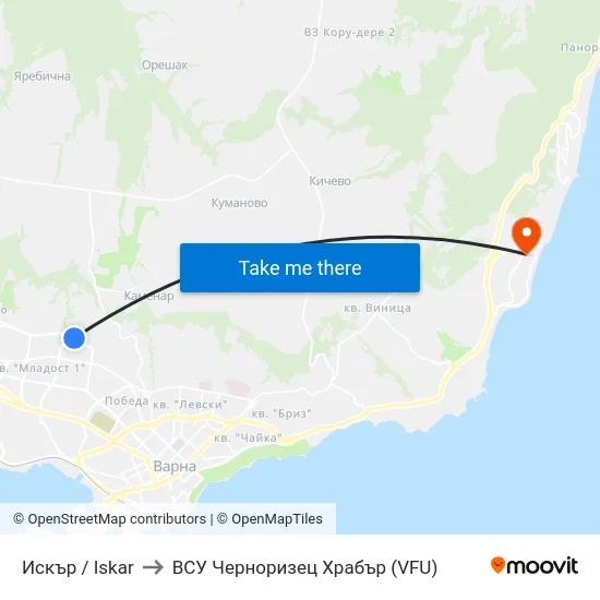 Искър / Iskar to ВСУ Черноризец Храбър (VFU) map